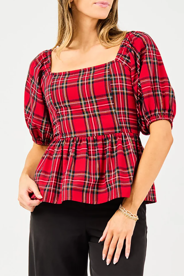 Short Puff Sleeves Plaid Top