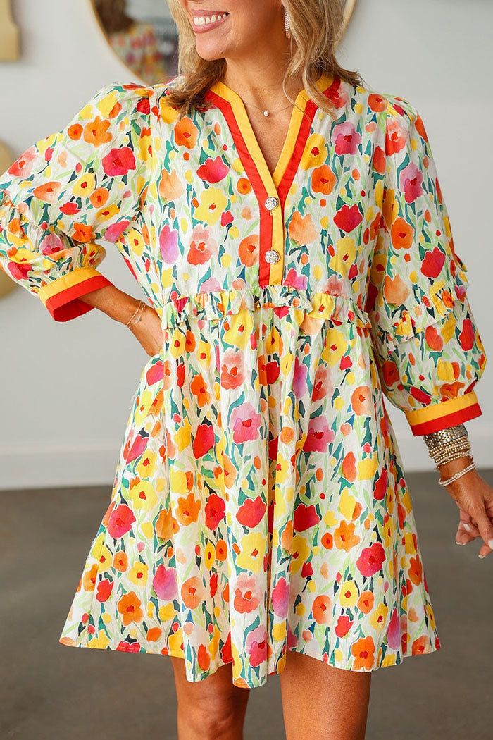 Stripe Trim Floral Pocket Dress