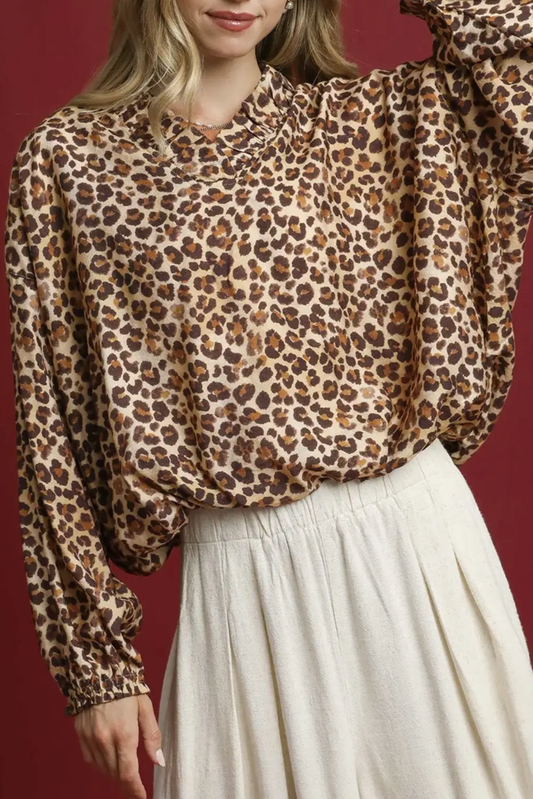 Leopard Print Balloon Sleeve Blouse