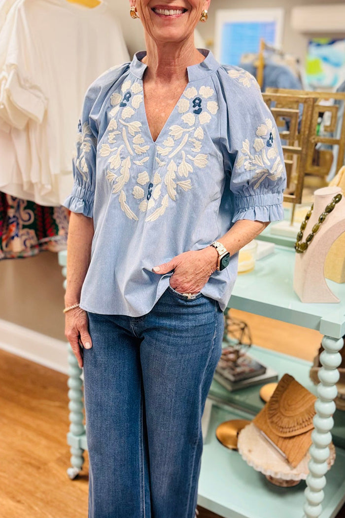 Puff Sleeve Floral Embroidery Top