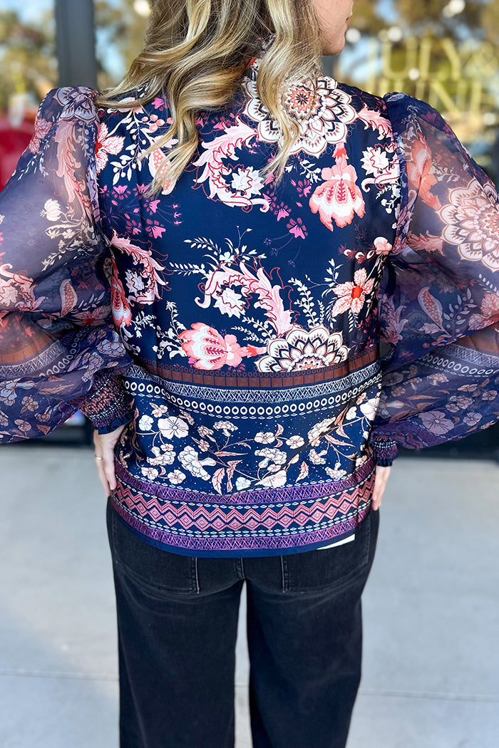 Floral Print Puff-Sleeve Stand-Collar Blouse
