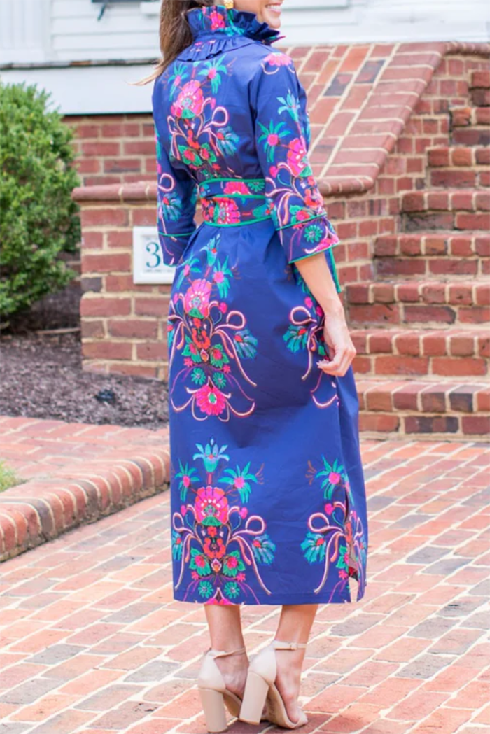 Ruffled Collar Pocketed Floral  Maxi Dress