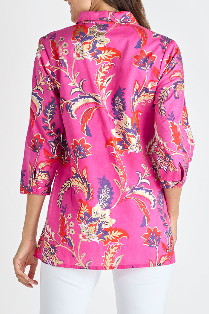 Feathered Floral 3/4 Sleeve Button-Front Top