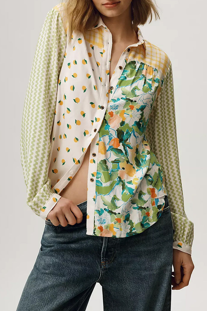 Mixed Print Patchwork Long Sleeve Shirt Top