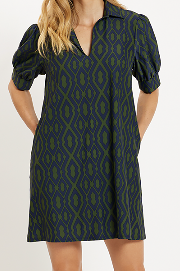 V-Neck Trellis Navy Pockets Dress