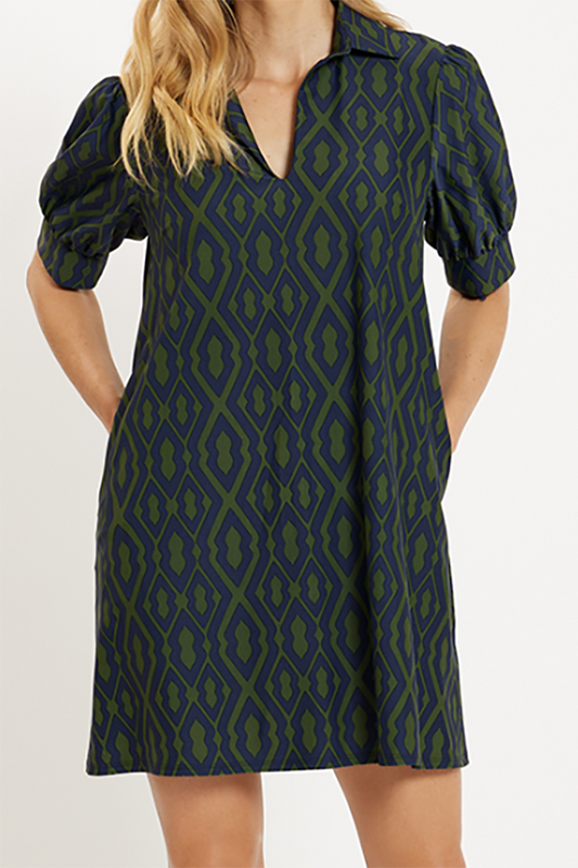 V-Neck Trellis Navy Pockets Dress