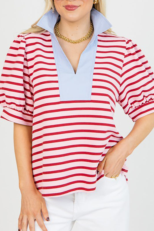 Contrast Stripe Puff Sleeve Top