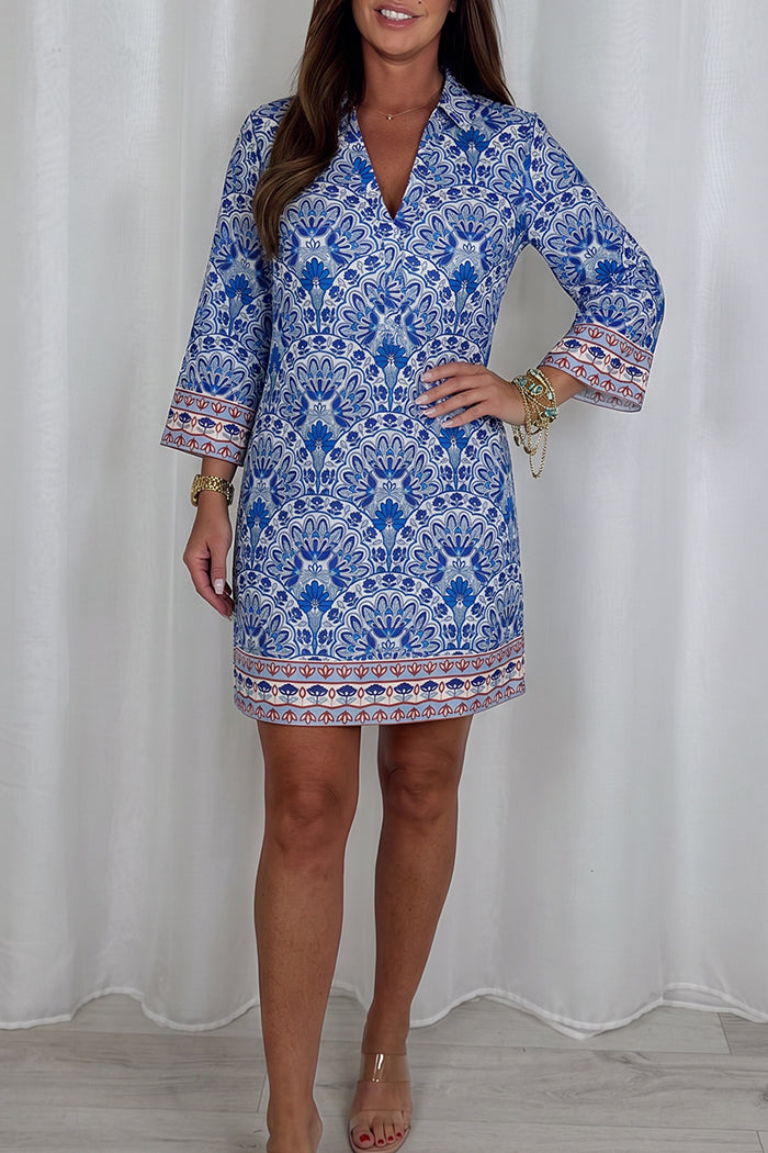 Blue Floral Three Quarter Shift Dress