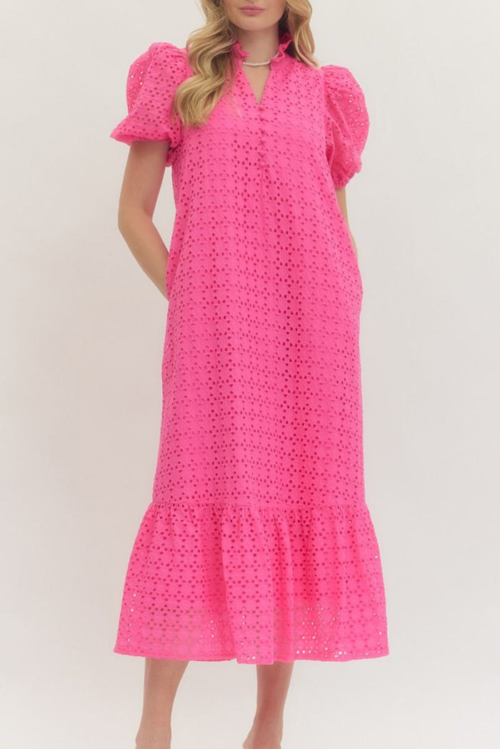 Ruffle Hem Eyelet Puff Sleeve Pocket Maxi Dress