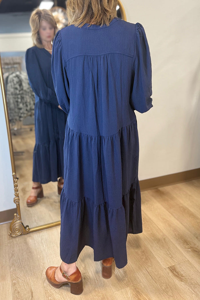 Pocketed Smocked Cuff Tiered Midi Dress