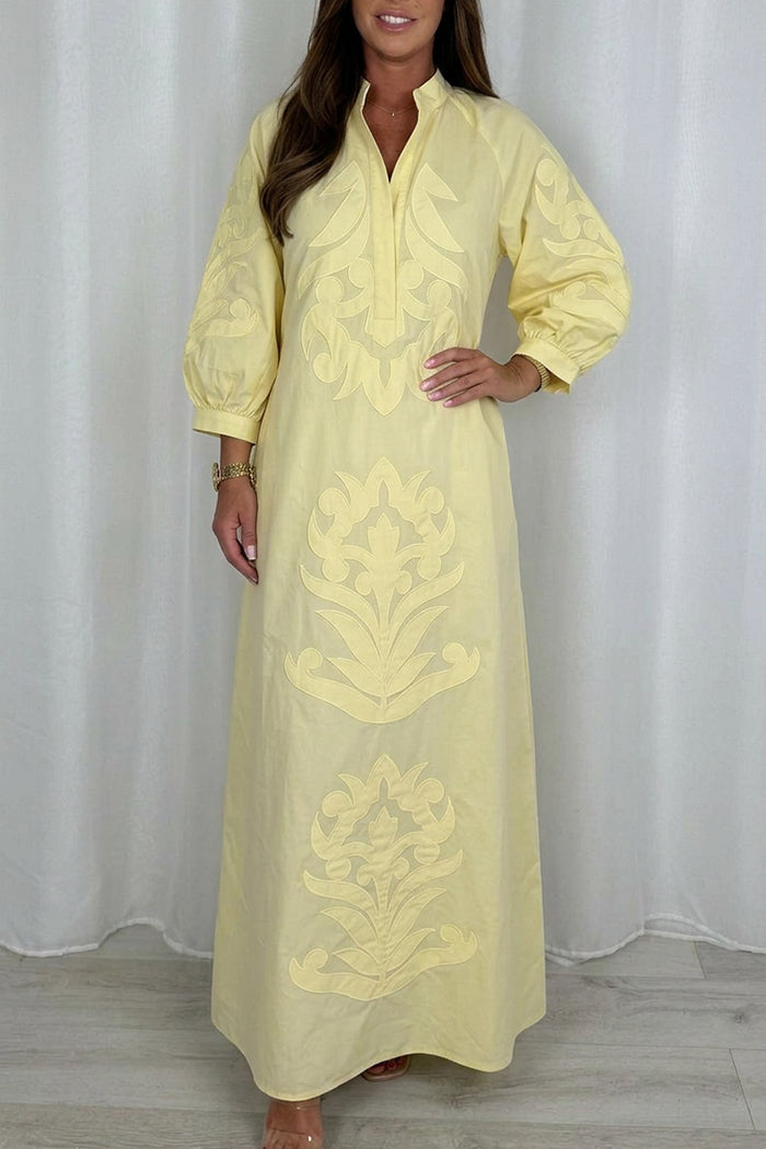 Stand Collar Balloon Cuff Tribal Motif Maxi Dress