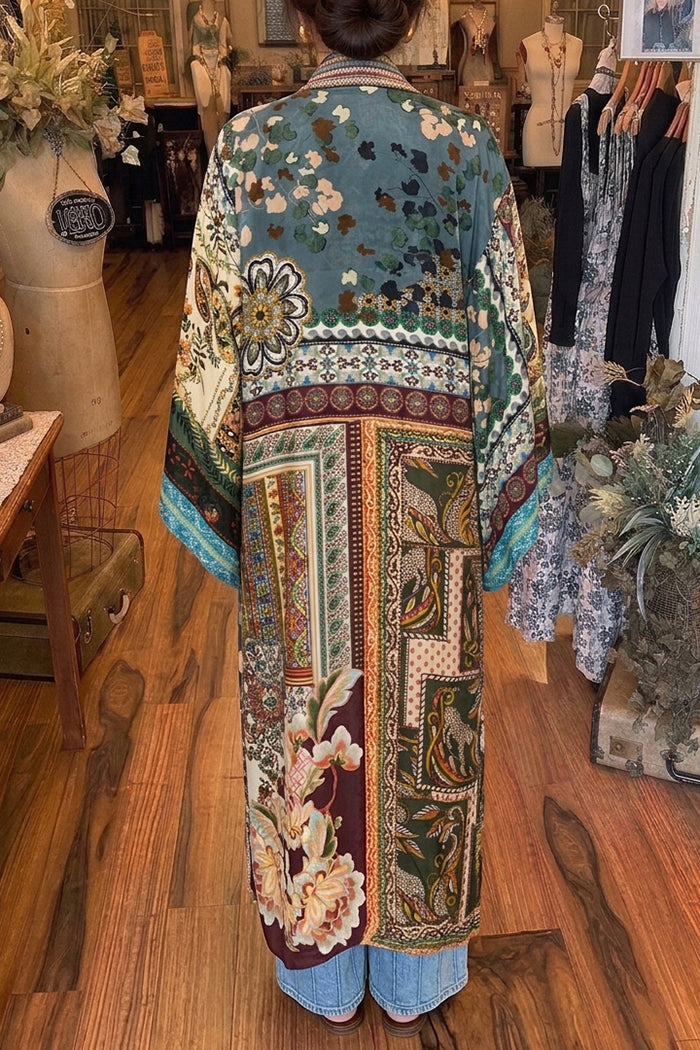 Reversible Patchwork Floral Long Silk Kimono
