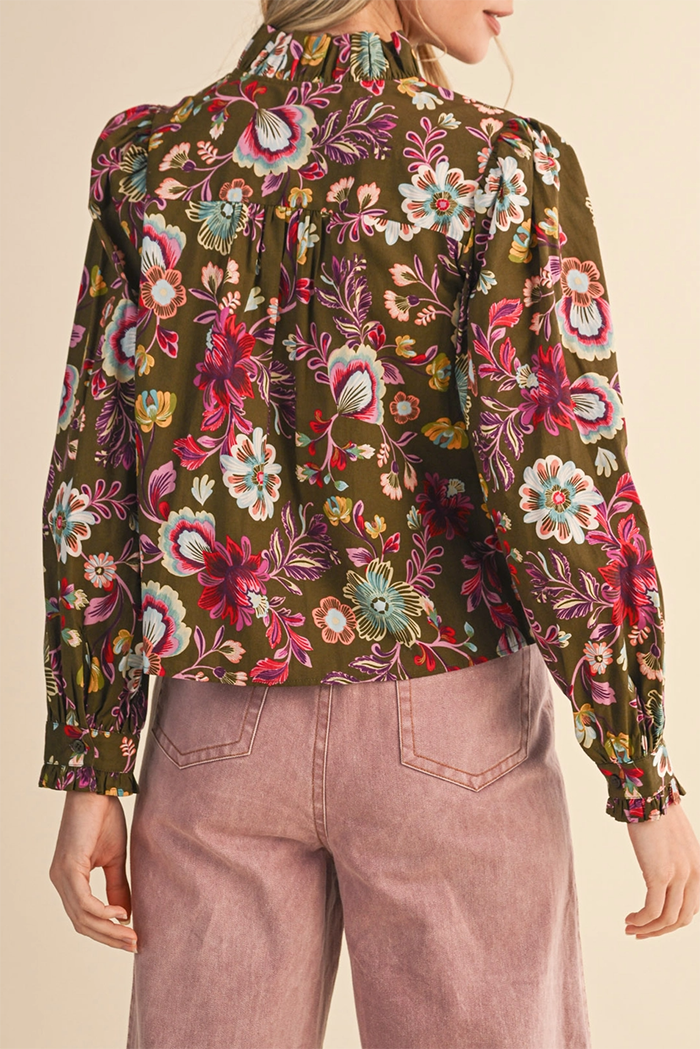 Floral Print Ruffled Button Down Top