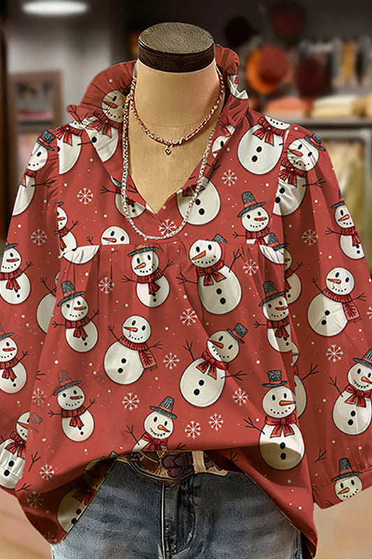 Snowman Print Ruffled V-Neck Puff-Sleeve Blouse