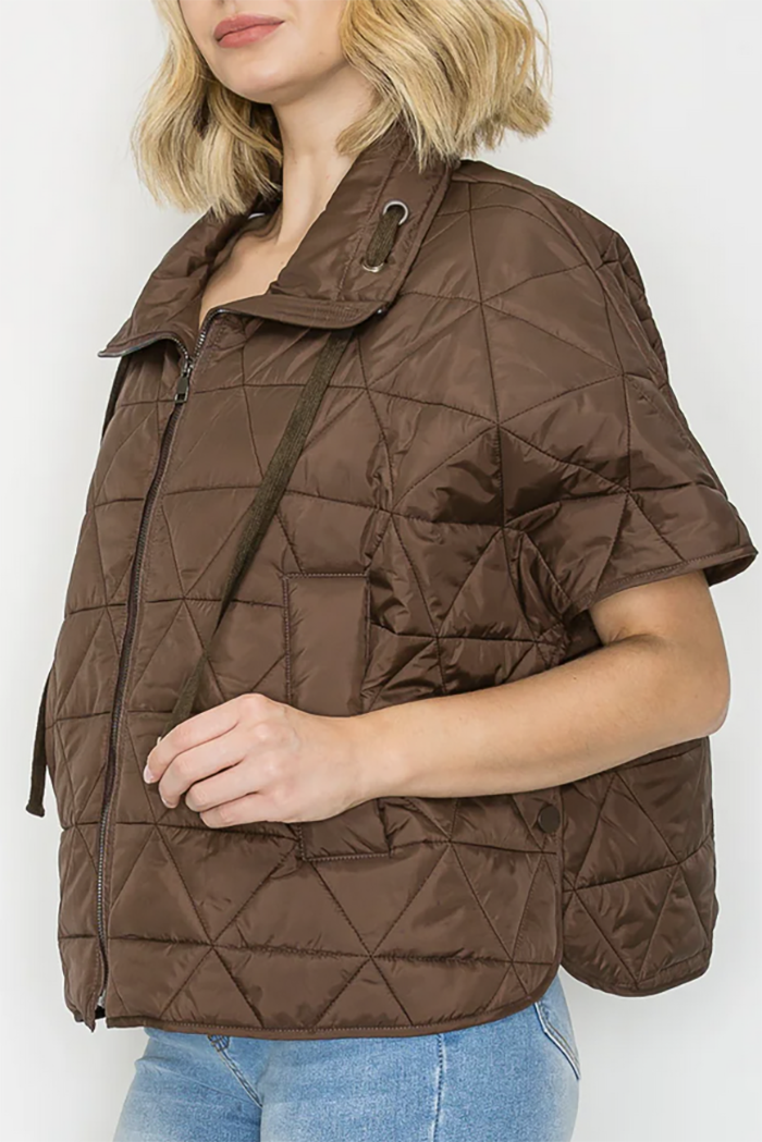 Zip-Up Short Sleeves Pocket Puffer Jacket
