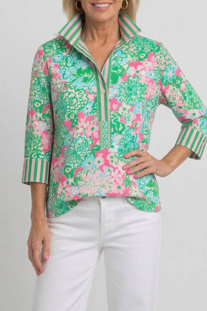 Floral Print Striped Trim Shirt