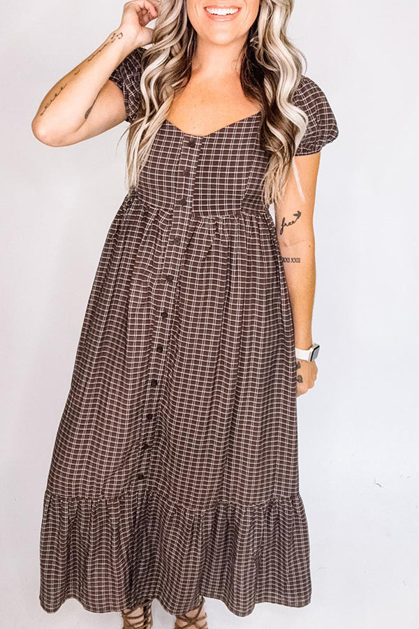 Plaid Puff Sleeve Button Down Dress