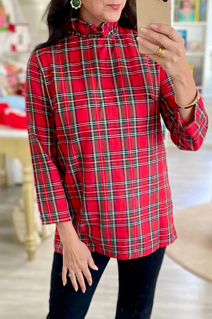 3/4 Sleeve Plaid Tie Sash Top