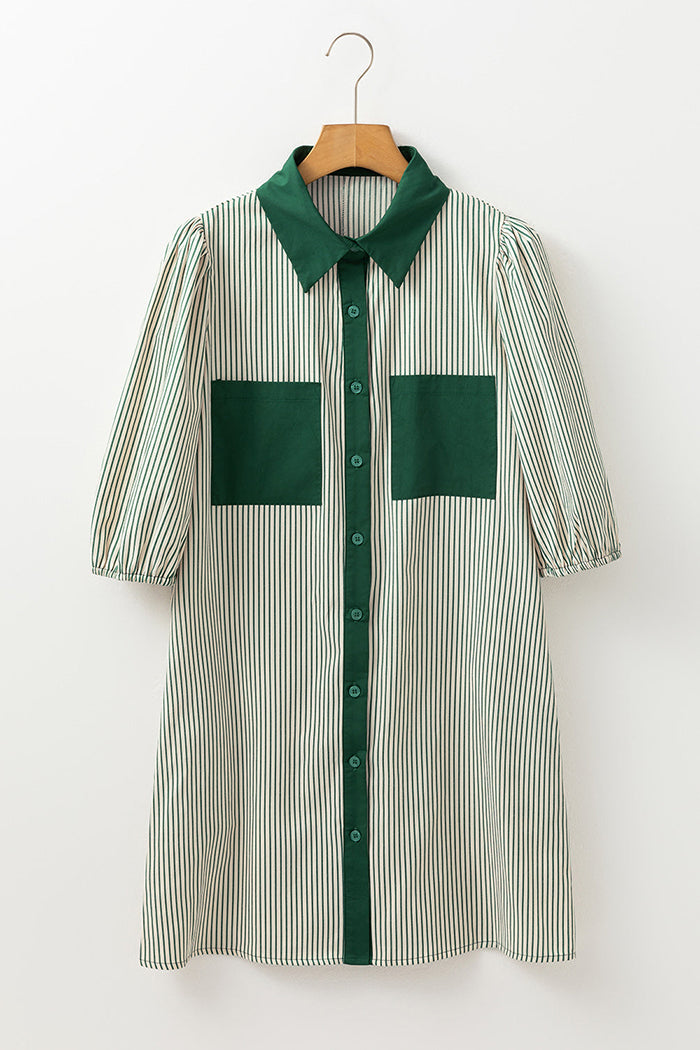 Patch Pockets Puff Sleeve Dress