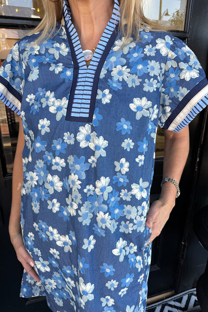 Denim Blue Floral Pocketed Dress