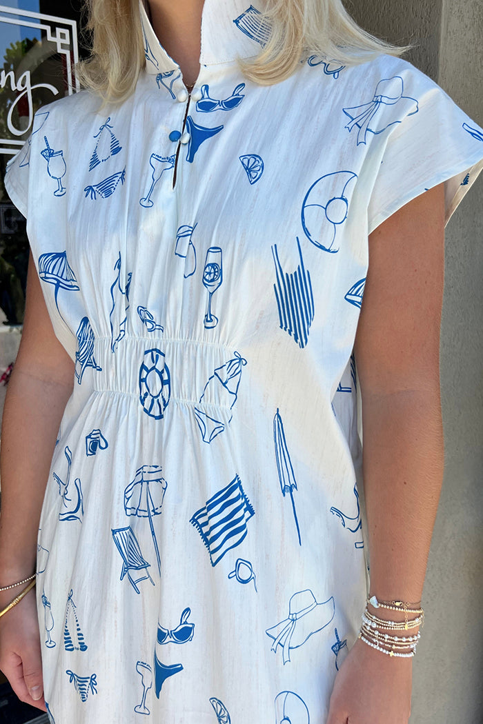 Cap Sleeve Elastic Waist Printed Caftan Dress