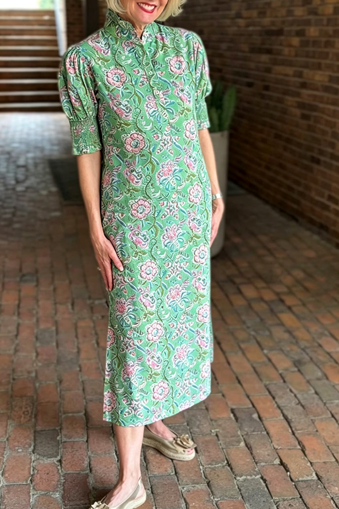 Floral Pocketed Side Slit Puff Sleeve Dress
