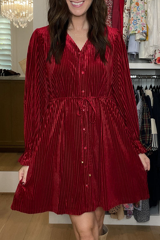 Pocketed Tie Waist Pleated Mini Dress