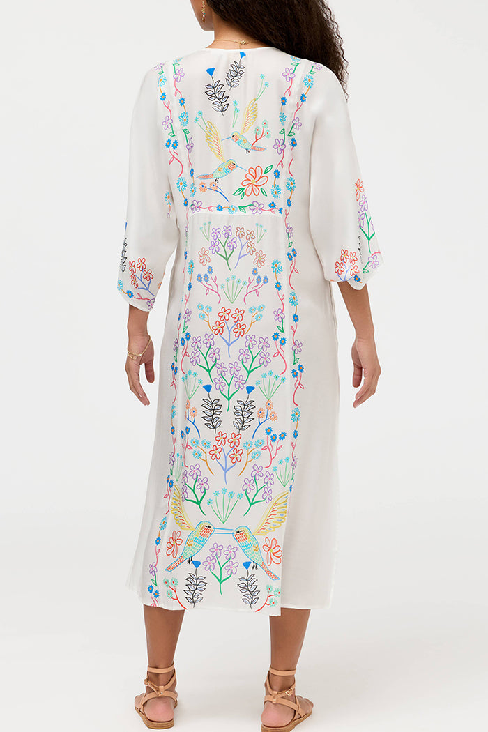 Pastel Floral Bird Bell Sleeve Side Slit Kaftan Dress