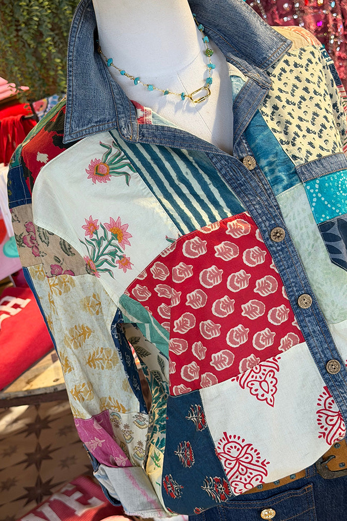 Patchwork Collar Button Top