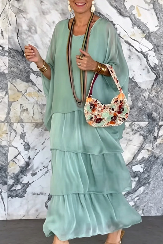 Round Neck Batwing Sleeve Tiered Ruffle Maxi Dress
