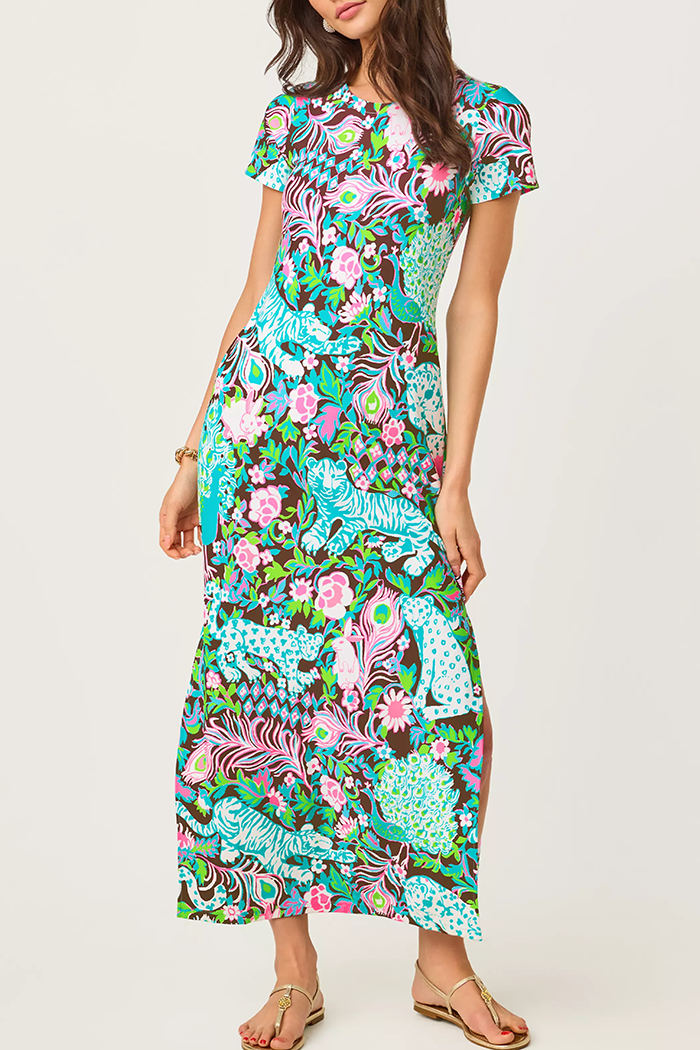 Floral Short Sleeve Side Slit Maxi Dress