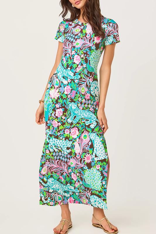 Floral Short Sleeve Side Slit Maxi Dress