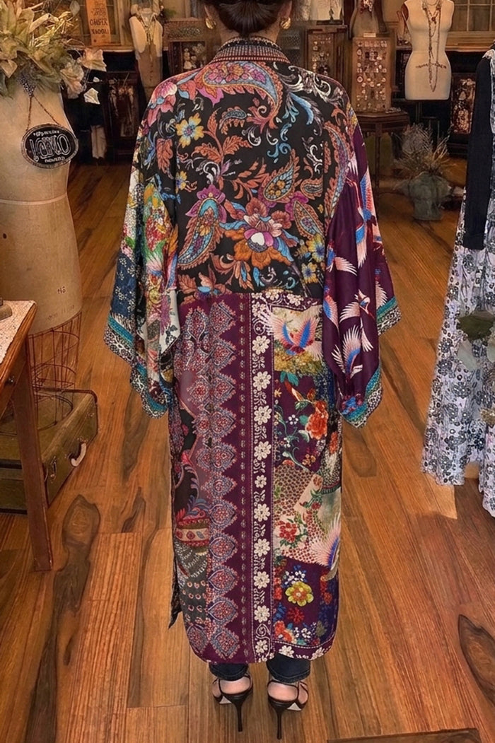 Reversible Patchwork Floral Long Silk Kimono