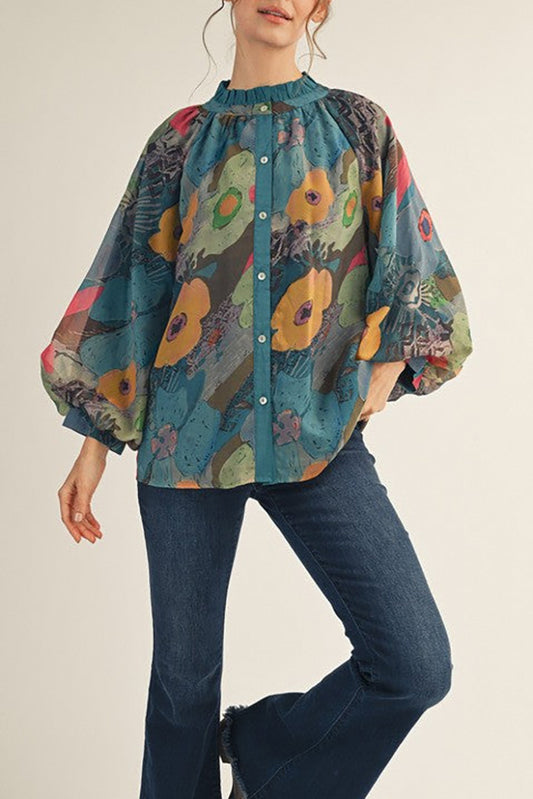 Teal Abstract Floral Puff-Sleeve Blouse