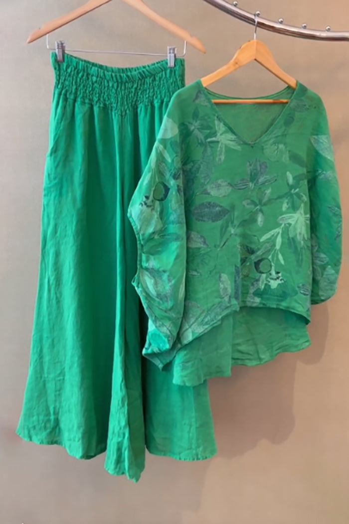 Green Leaf Print Batwing Sleeve Wide Leg Pants Set