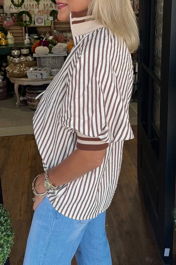 Casual Striped Half-Zipper Top