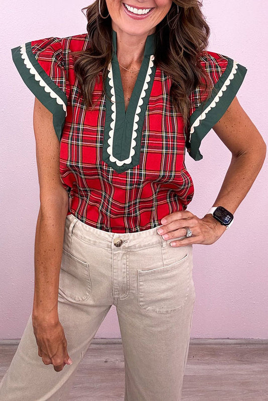 Flutter Sleeves Scallop Edge Checked Top