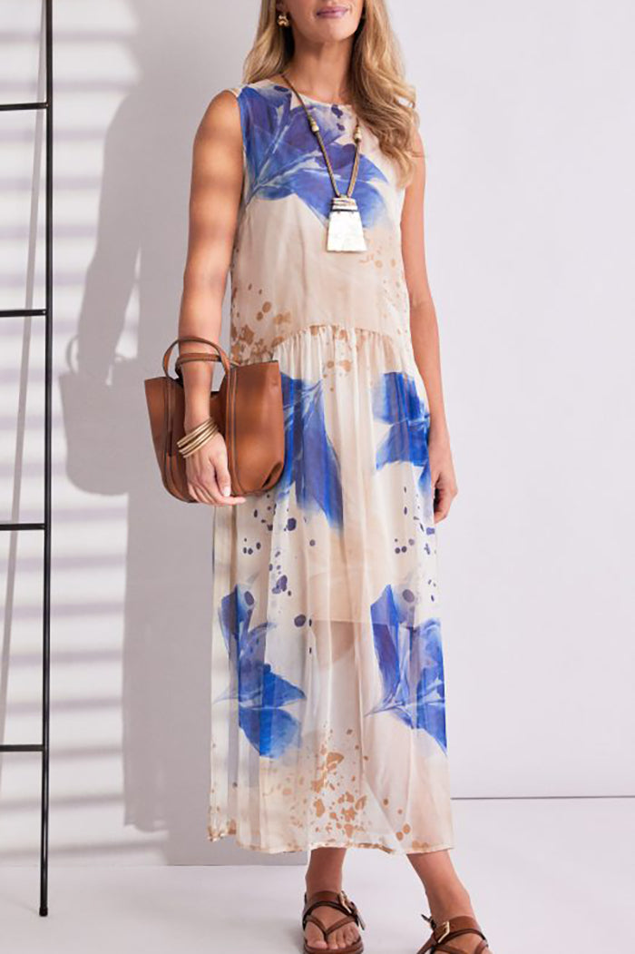 Mesh Sleeveless Leaf Print Waisted Dress