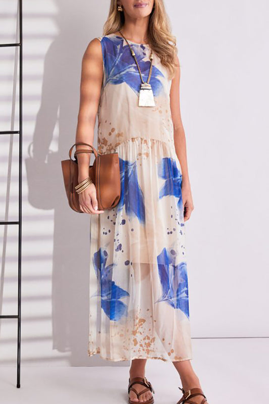 Mesh Sleeveless Leaf Print Waisted Dress