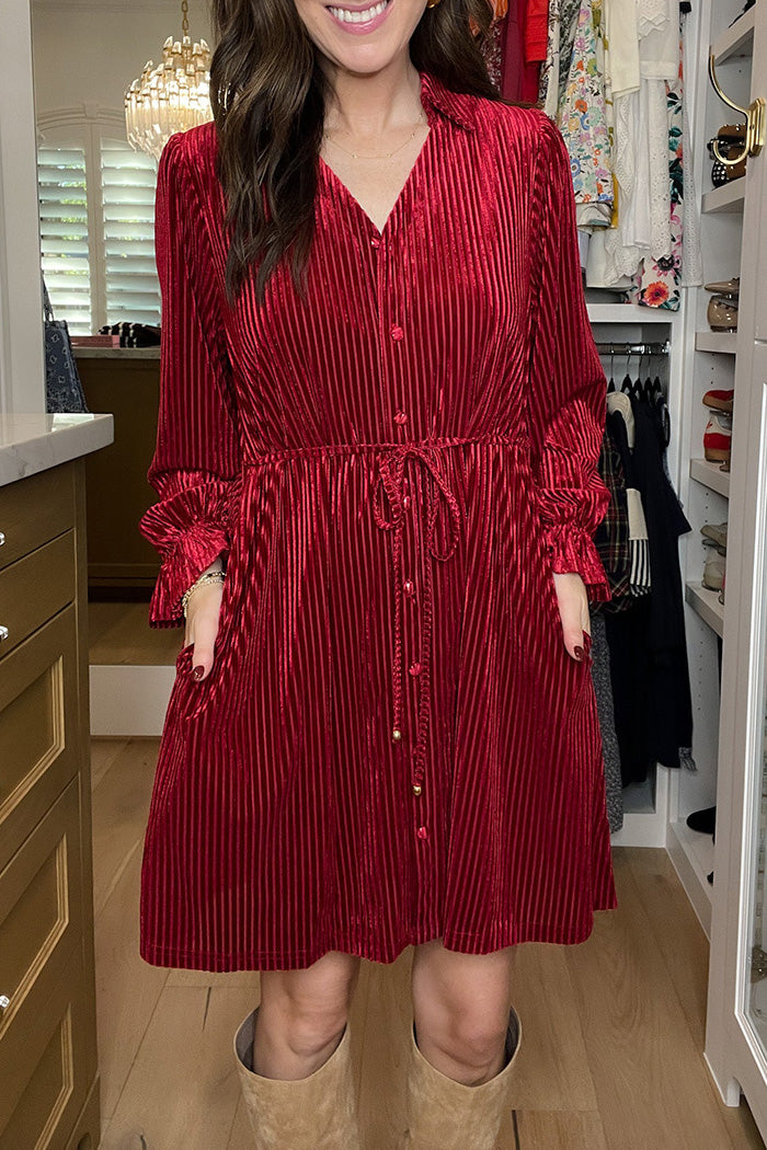 Pocketed Tie Waist Pleated Mini Dress