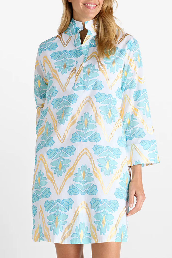Light Aqua Print Stand Collar Shift Dress
