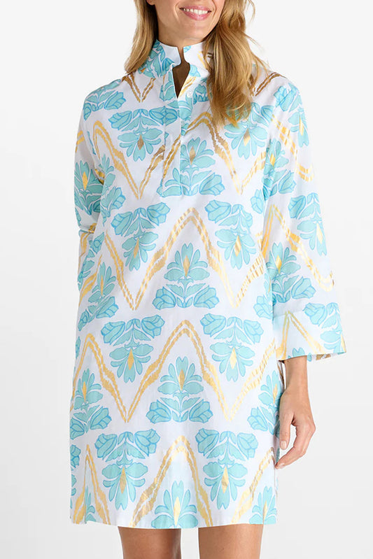 Light Aqua Print Stand Collar Shift Dress