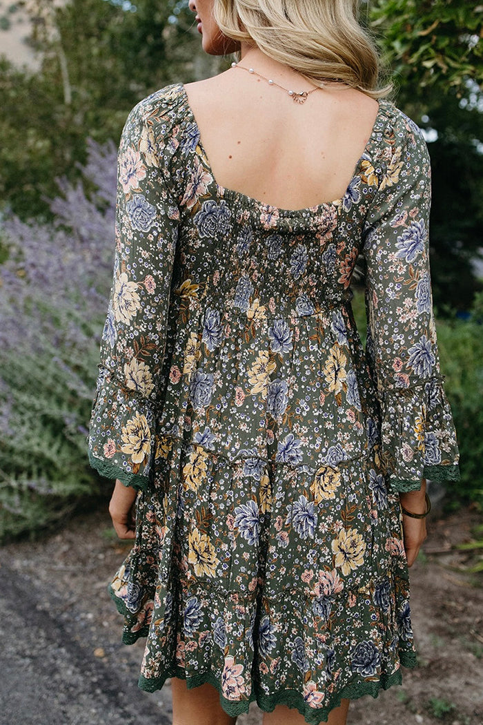 V-Neck Smocked Lace Flare Dress