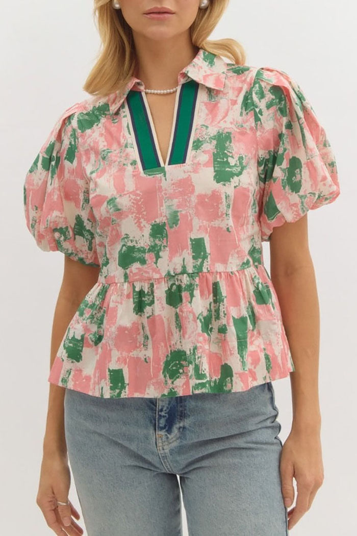 V-Neck Puff Sleeve Ruffle Top