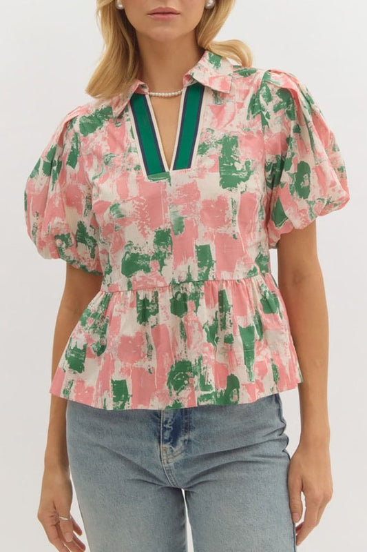 V-Neck Puff Sleeve Ruffle Top