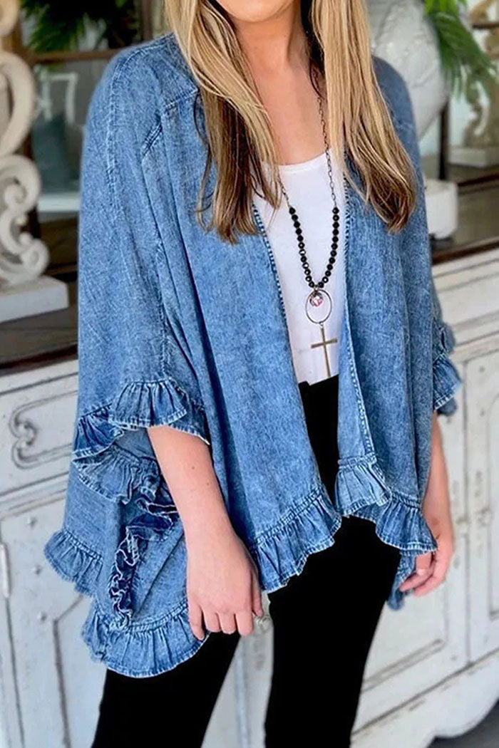 Ruffled 3/4 Sleeve Denim Jacket