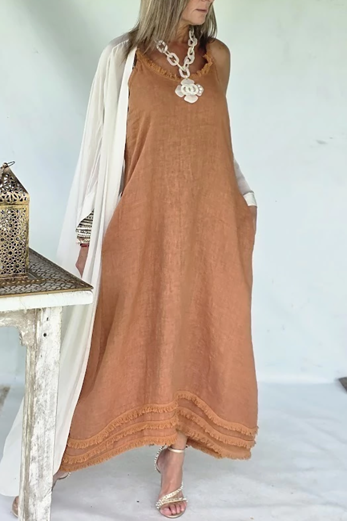 Fringe Neck Hem Pocket Maxi Dress