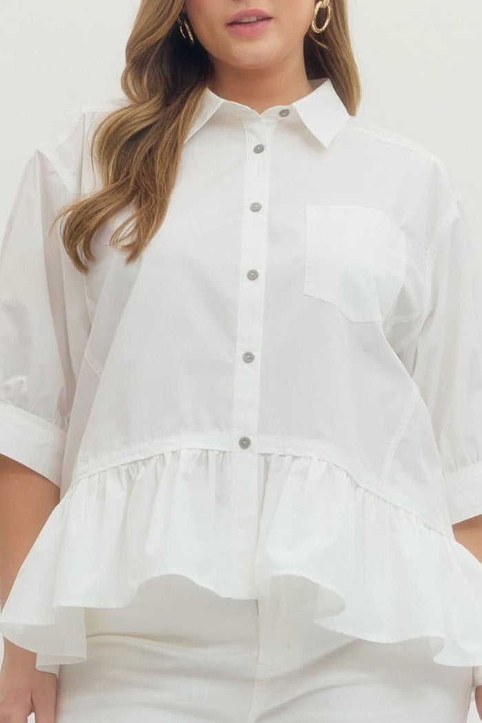 Solid 3/4 Sleeve Button-down Top