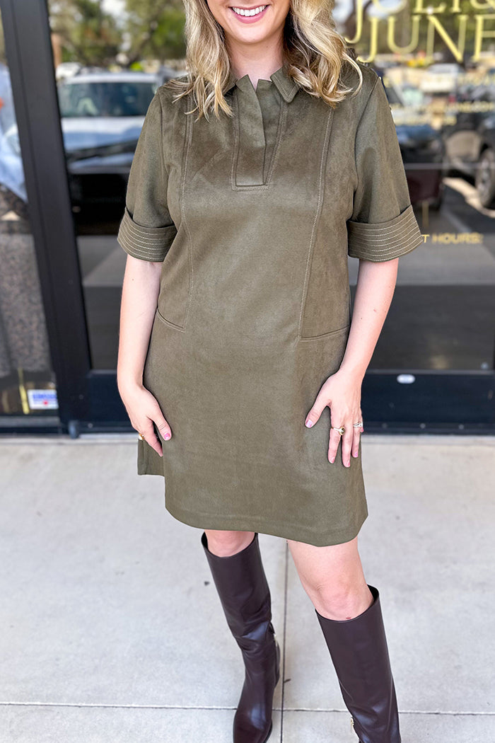 Short Sleeve Collared Suede Dress