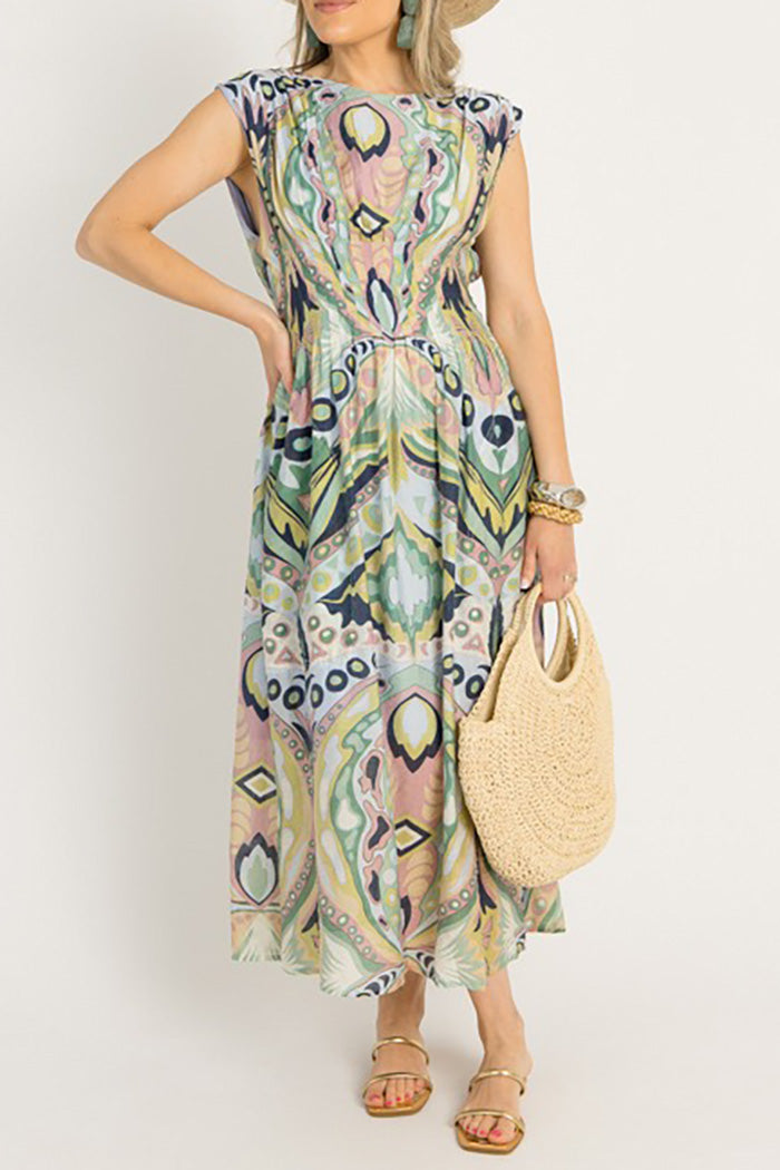 Abstract Print Pleated Front Midi Dress